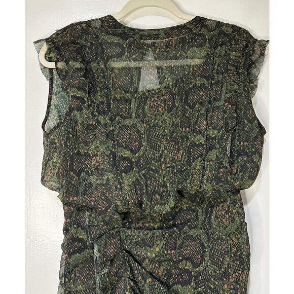 Allsaints Hali Tamora Snake Print Mini Dress Khaki Green Sz 6 NWT Ruffles Lined - Picture 5 of 16